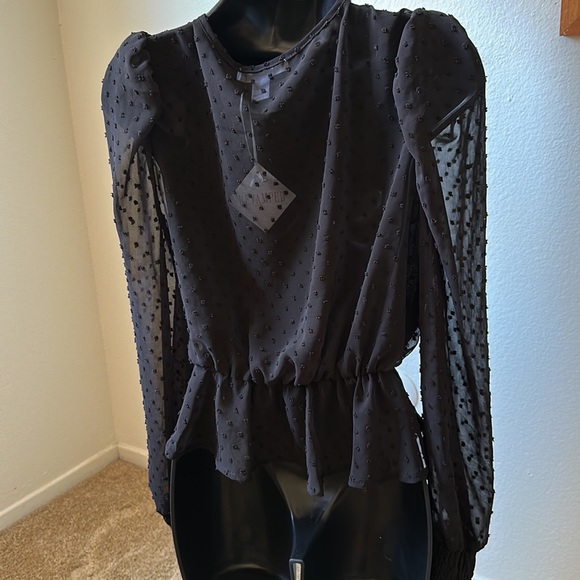 Revamped Black Sheer Dotted Long Sleeve Peplum Blouse - Picture 5 of 5